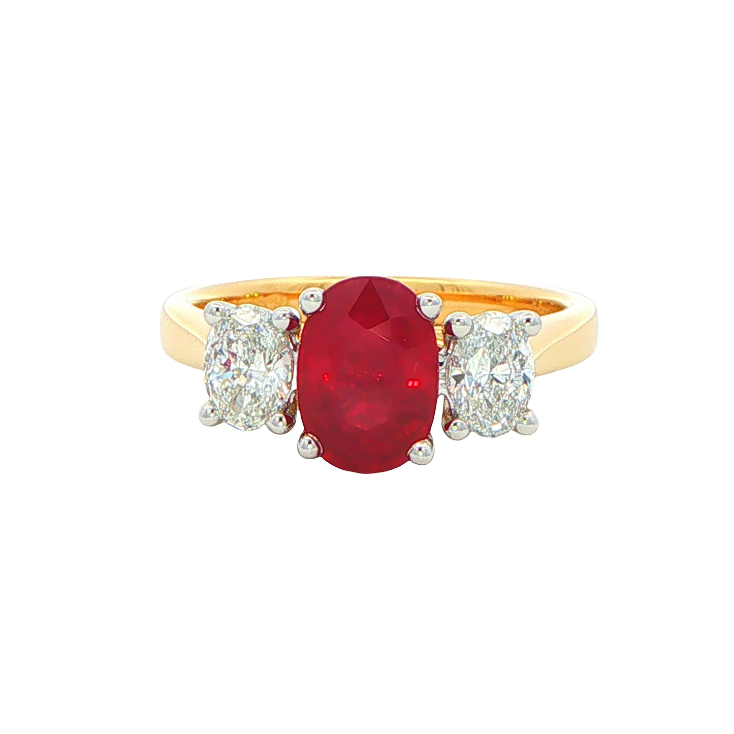 Oval Shaped Ruby and Oval Diamond 3 Stone Ring