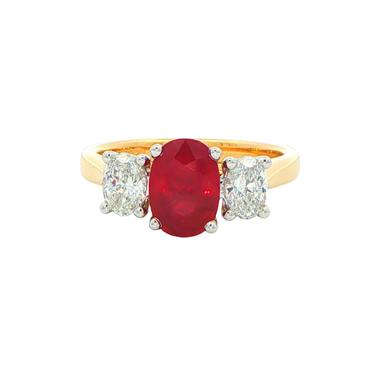 Oval Shaped Ruby and Oval Diamond 3 Stone Ring