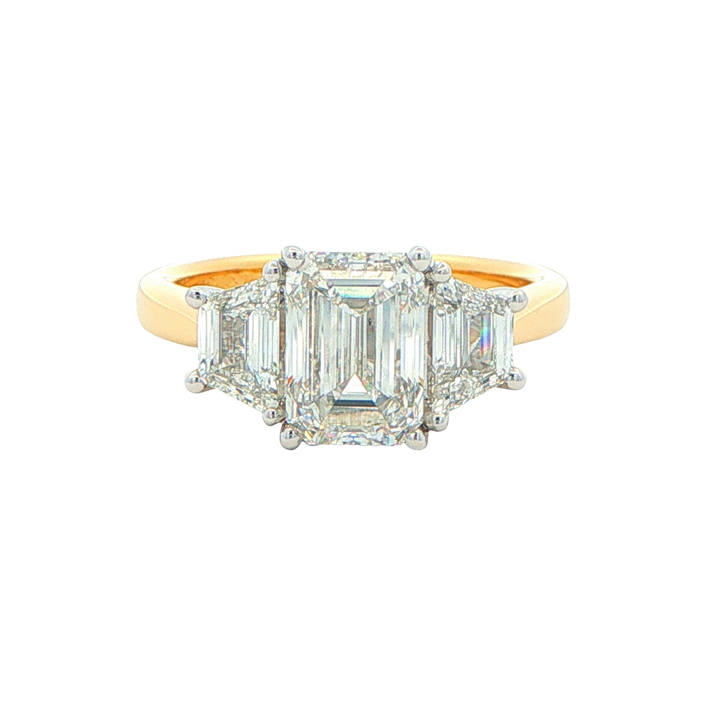 Yellow Gold Emerald and Trapezoid Cut Diamond 3 Stone Ring - 2.86cts