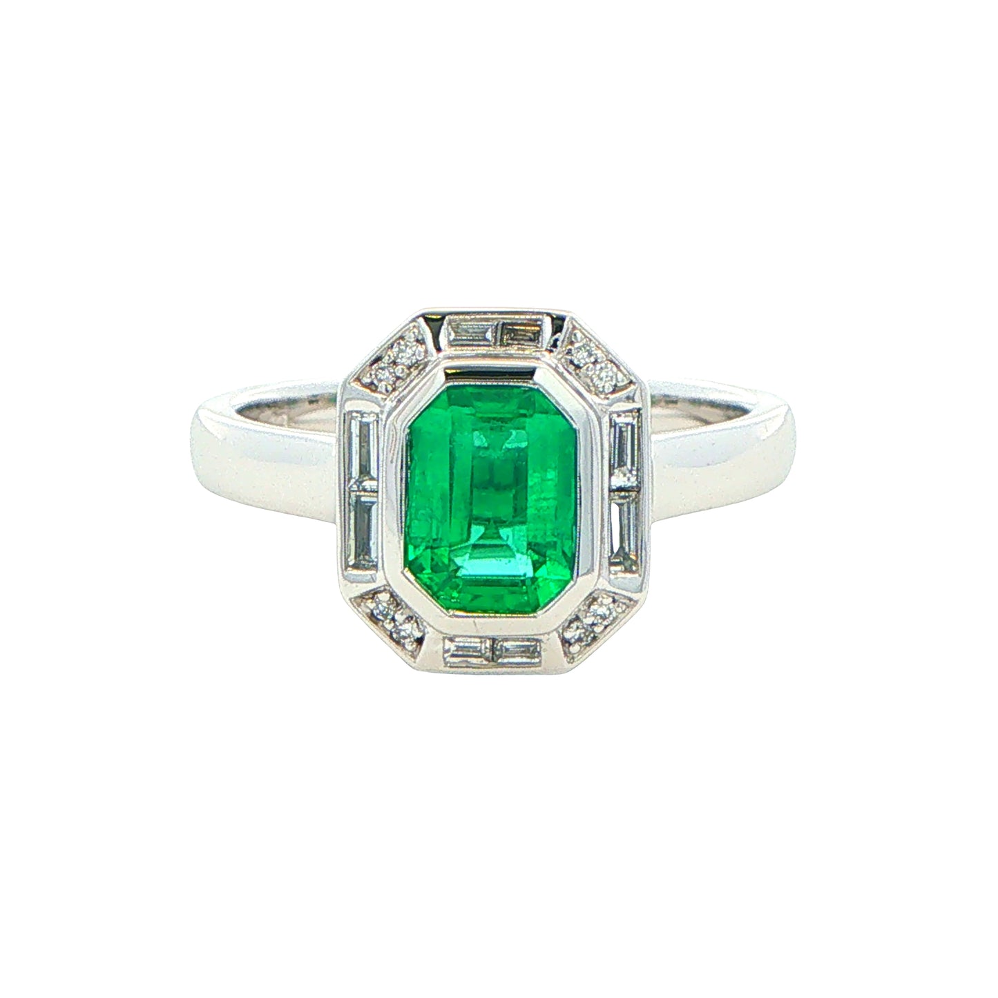Octagonal Emerald and Diamond Vintage Halo Style Ring