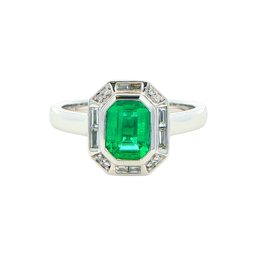 Octagonal Emerald and Diamond Vintage Halo Style Ring Gardiner Brothers