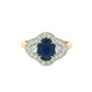Oval Sapphire and round brilliant cut diamond fancy halo style ring