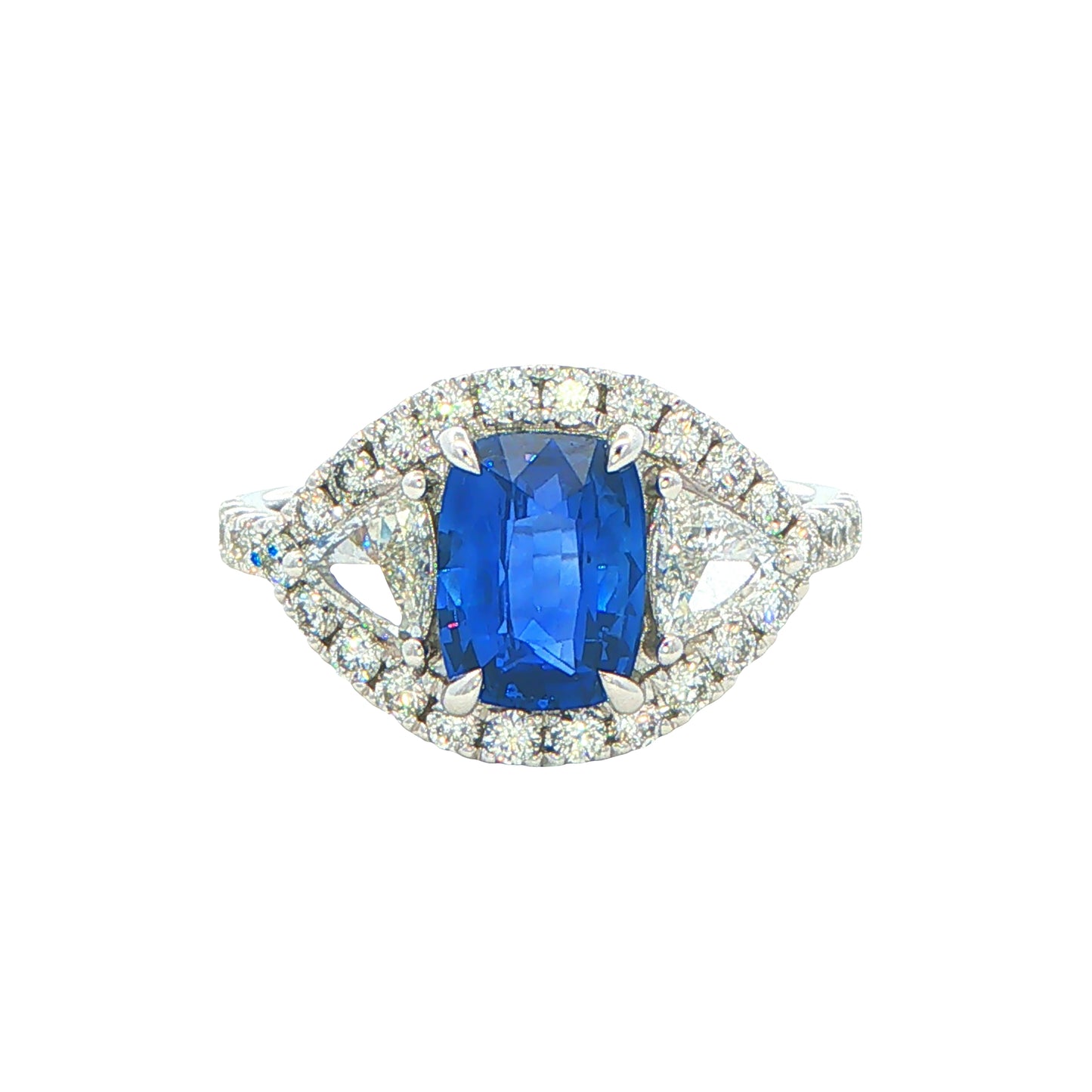 Cushion Shaped Sapphire and Trillion Cit Diamond fancy Halo Style Ring