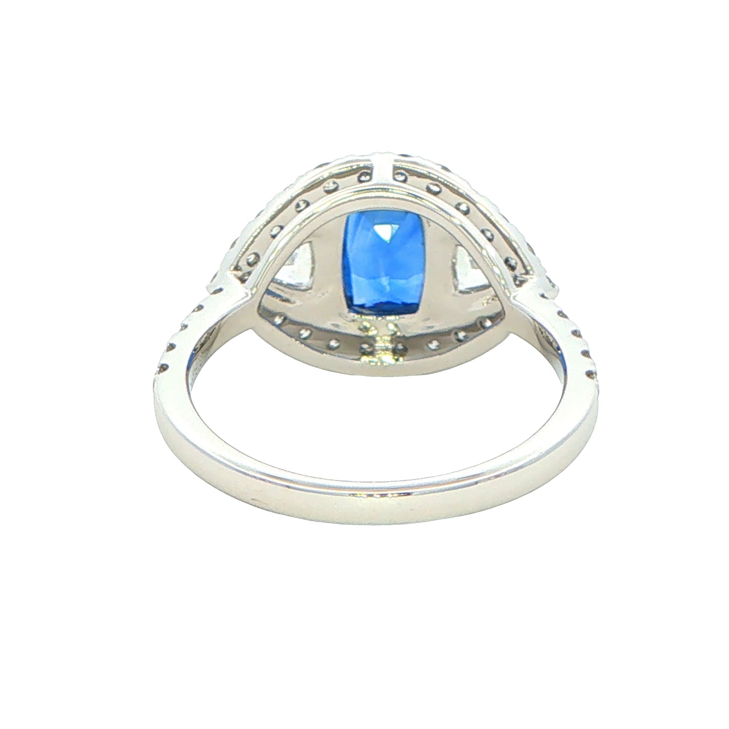 Cushion Shaped Sapphire and Trillion Cit Diamond fancy Halo Style Ring