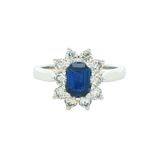 Octagonal Sapphire and round brilliant cut diamond cluster ring Gardiner Brothers