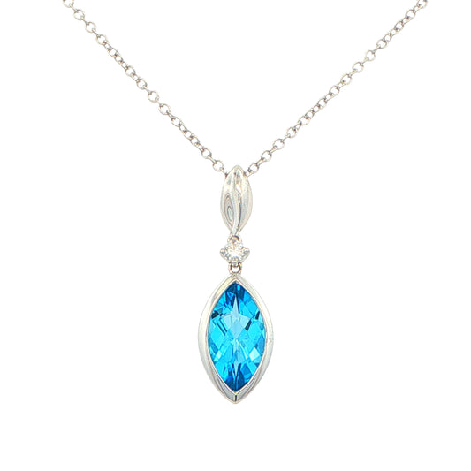 Marquise shaped Swiss Blue Topaz and diamond Drop Style pendant Gardiner Brothers