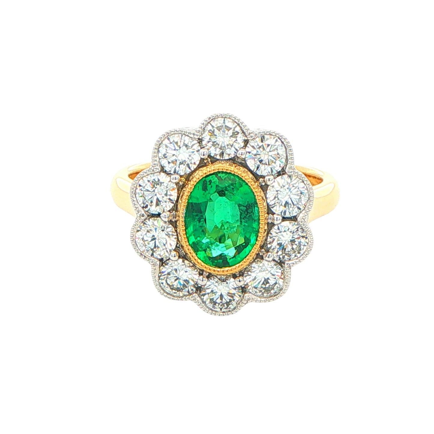 Emerald and Round Brilliant Cut Diamond Cluster Style Ring Gardiner Brothers