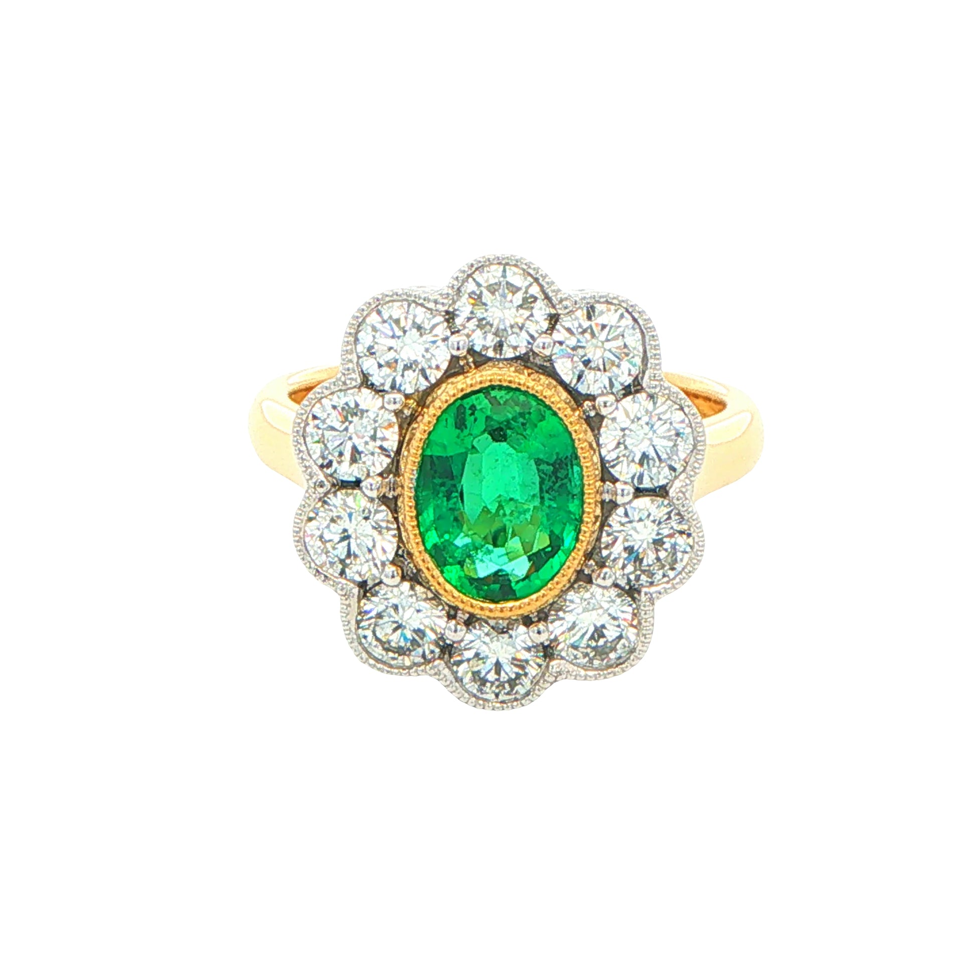 Emerald and Round Brilliant Cut Diamond Cluster Style Ring Gardiner Brothers
