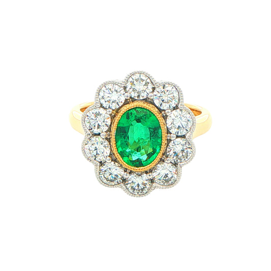 Emerald and Round Brilliant Cut Diamond Cluster Style Ring Gardiner Brothers