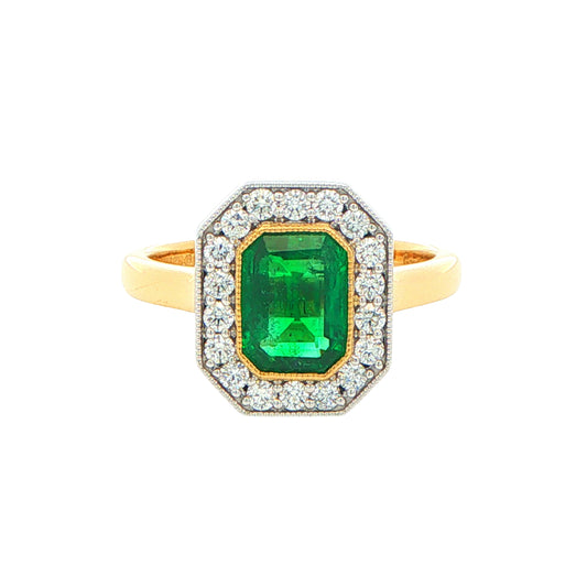 Octagonal Emerald and Diamond Vintage Halo Style Ring Gardiner Brothers
