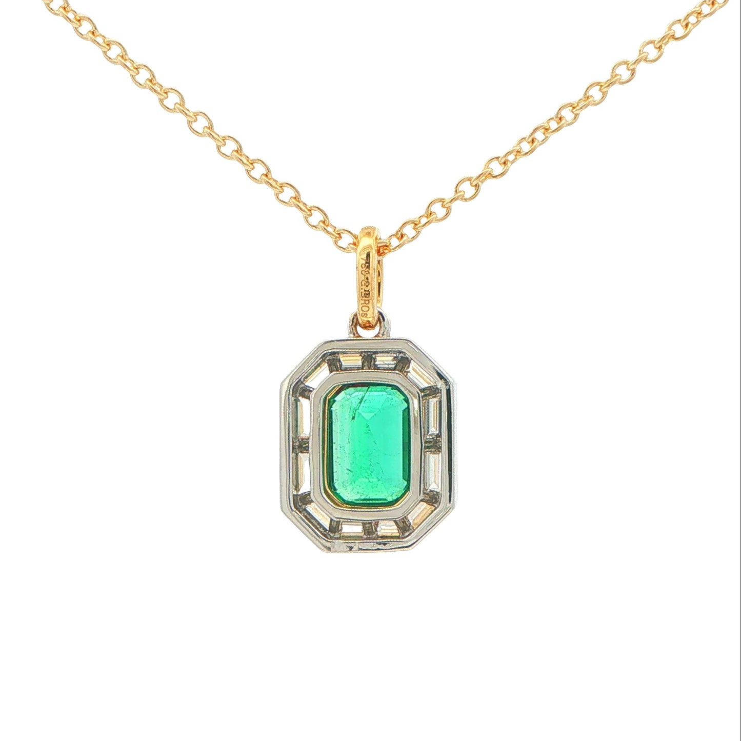 Octagonal Emerald and Baguette Cut Diamond Halo Style Pendant