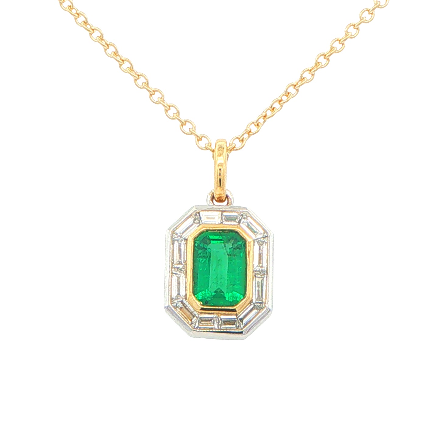 Octagonal Emerald and Baguette Cut Diamond Halo Style Pendant