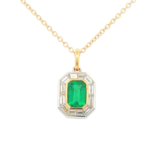 Octagonal Emerald and Baguette Cut Diamond Halo Style Pendant Gardiner Brothers