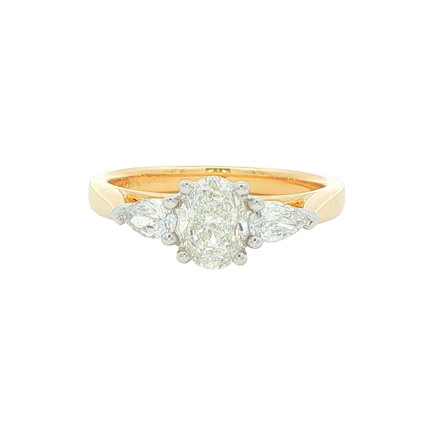 Yellow Gold Oval And Pear Shaped Diamond 3 Stone Ring - 1.00cts
