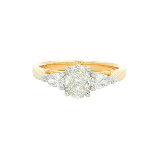 Yellow Gold Oval And Pear Shaped Diamond 3 Stone Ring - 1.00cts