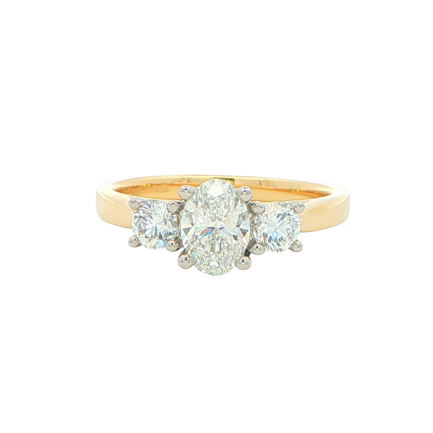 Yellow Gold Oval and round brilliant cut diamond 3 stone ring - 1.10cts
