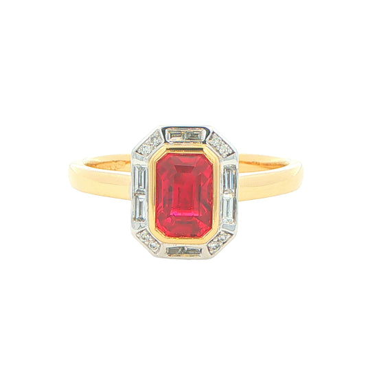 Octagonal Ruby with brilliant and baguette cut diamond cluster ring