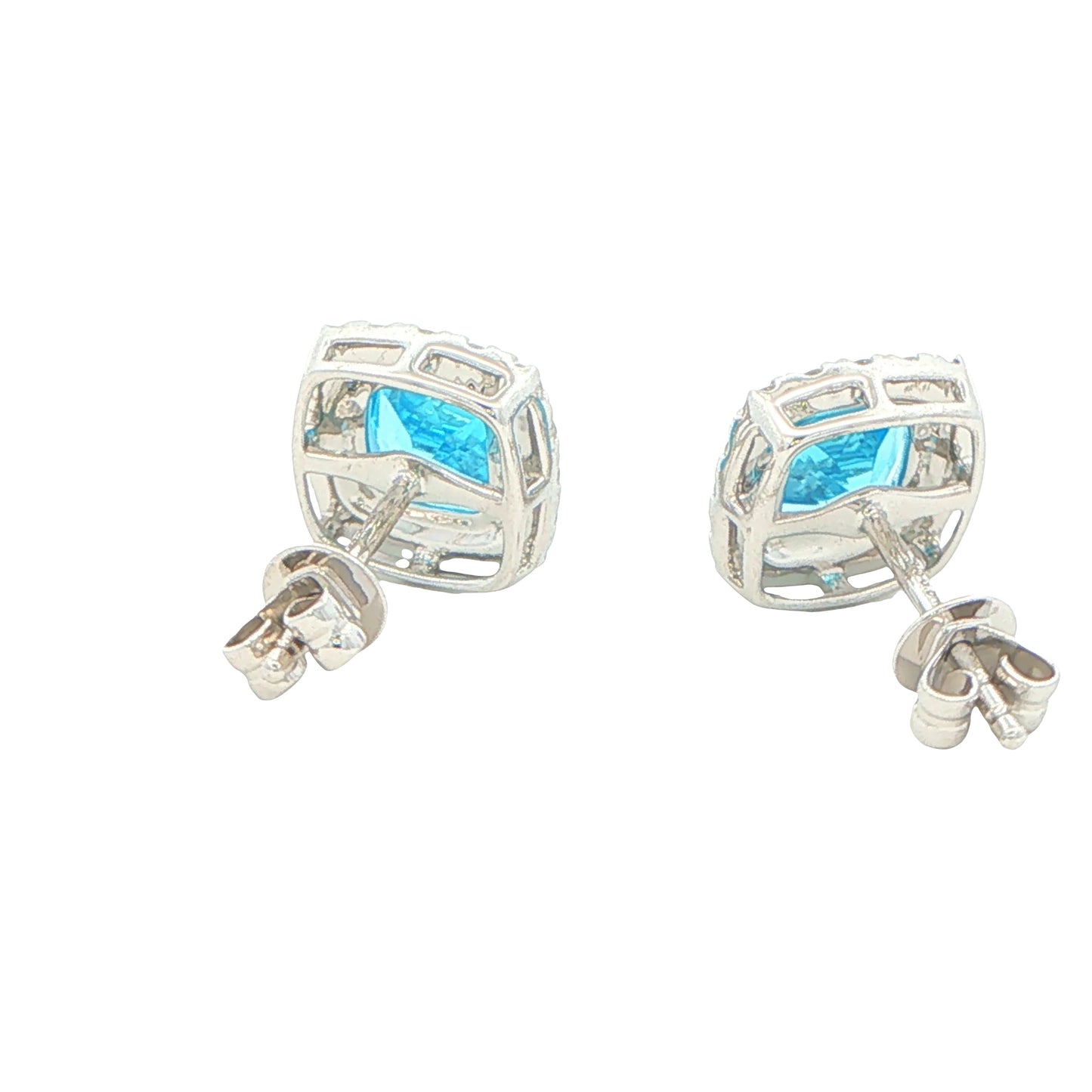 Cushion Shaped Swiss Blue Topaz and Diamond Halo Style earrings
