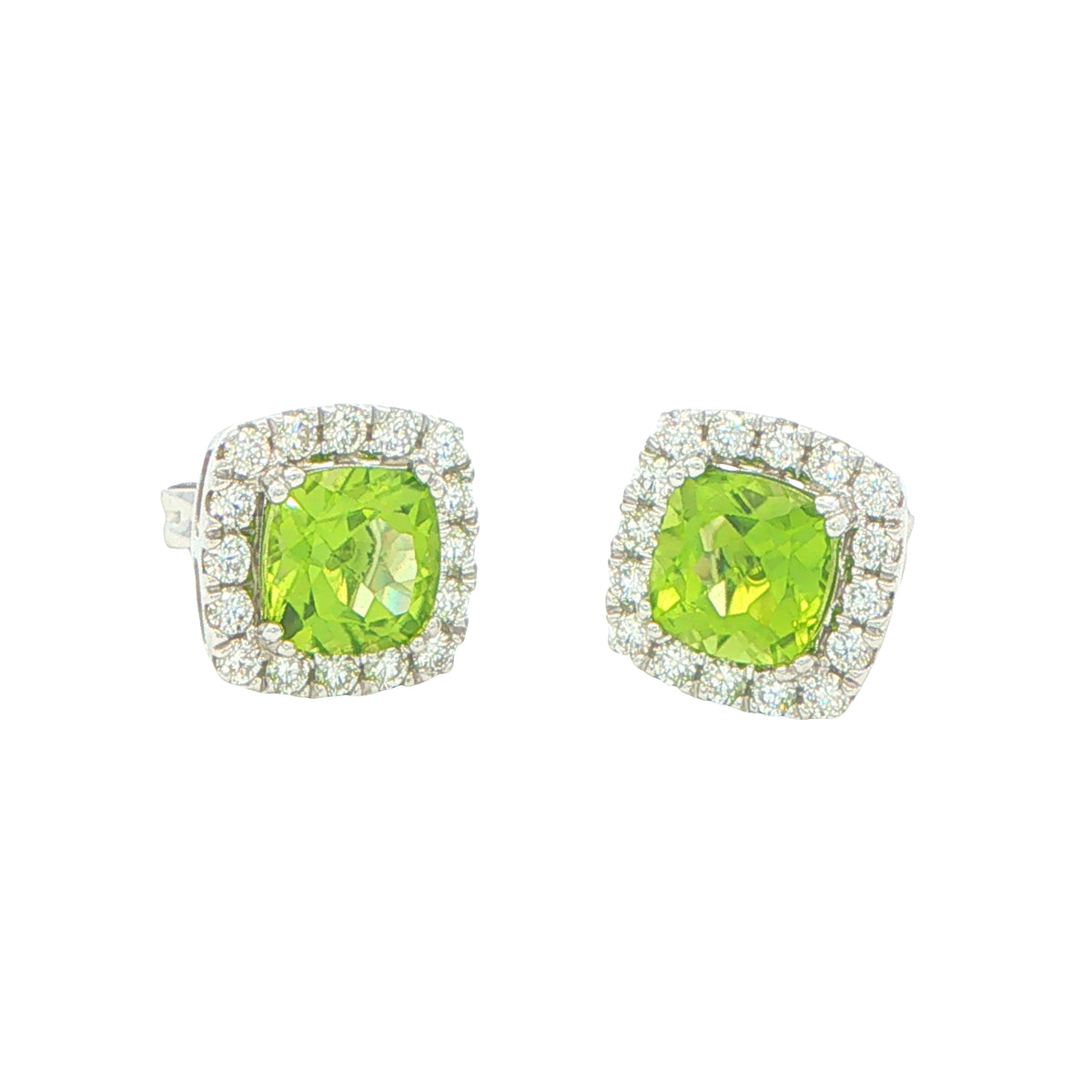 Cushion Shaped Peridot and Diamond Halo Style Earrings Gardiner Brothers
