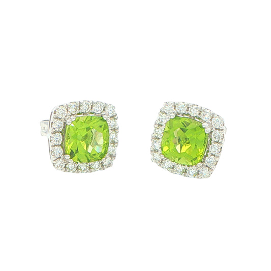 Cushion Shaped Peridot and Diamond Halo Style Earrings