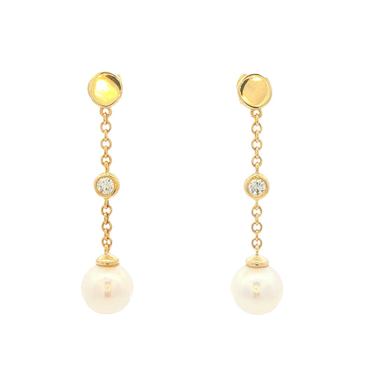 Yellow Gold 'Yard of Diamond and Akoya Pearl' Drop Style Earrings Gardiner Brothers