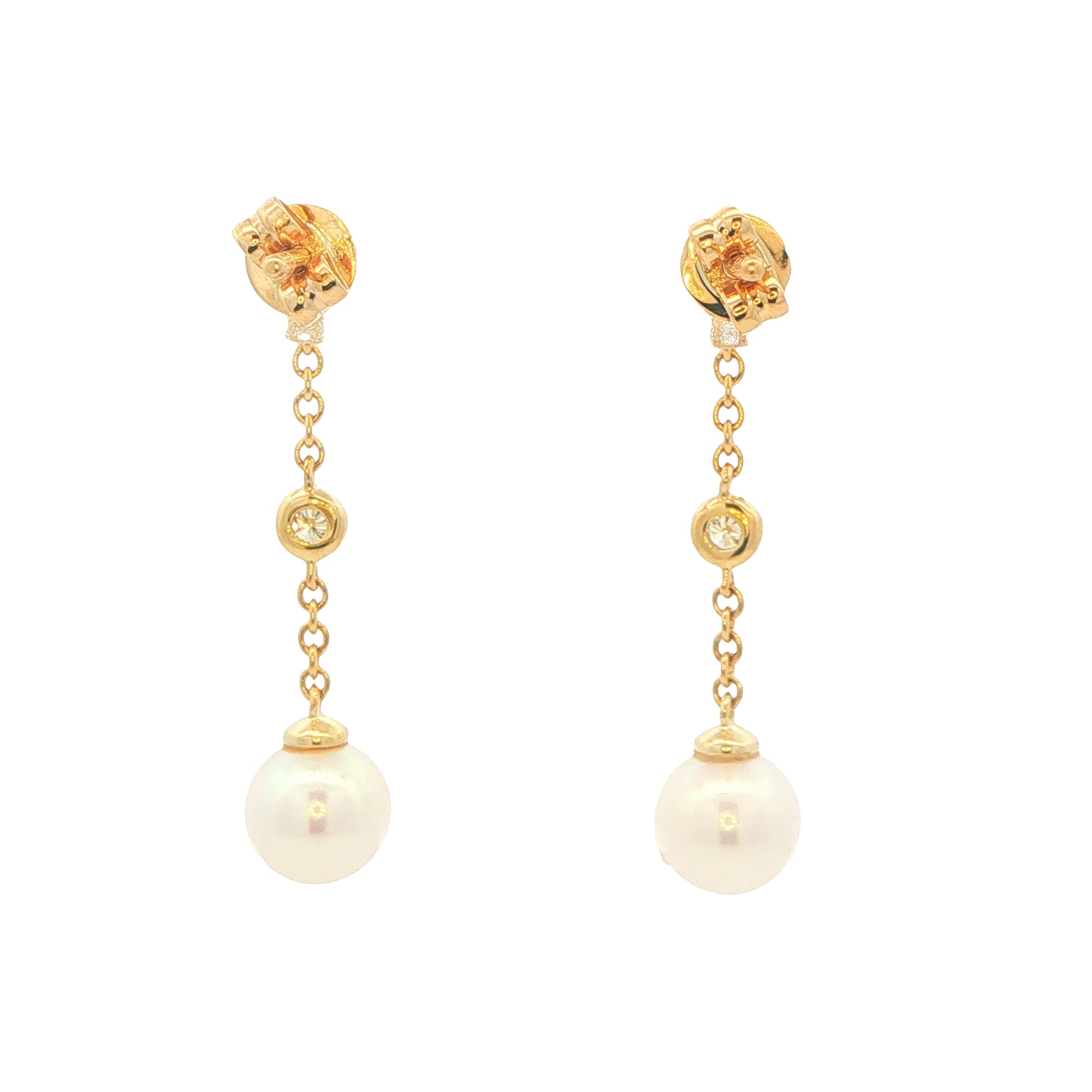Yellow Gold 'Yard of Diamond and Akoya Pearl' Drop Style Earrings Gardiner Brothers