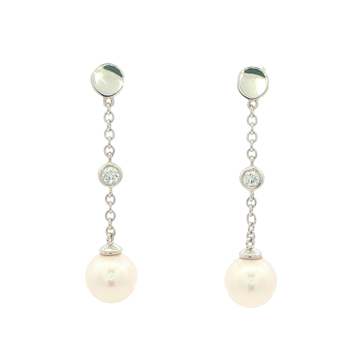 White Gold 'Yard of Diamond and Akoya Pearl' Drop Style Earrings Gardiner Brothers