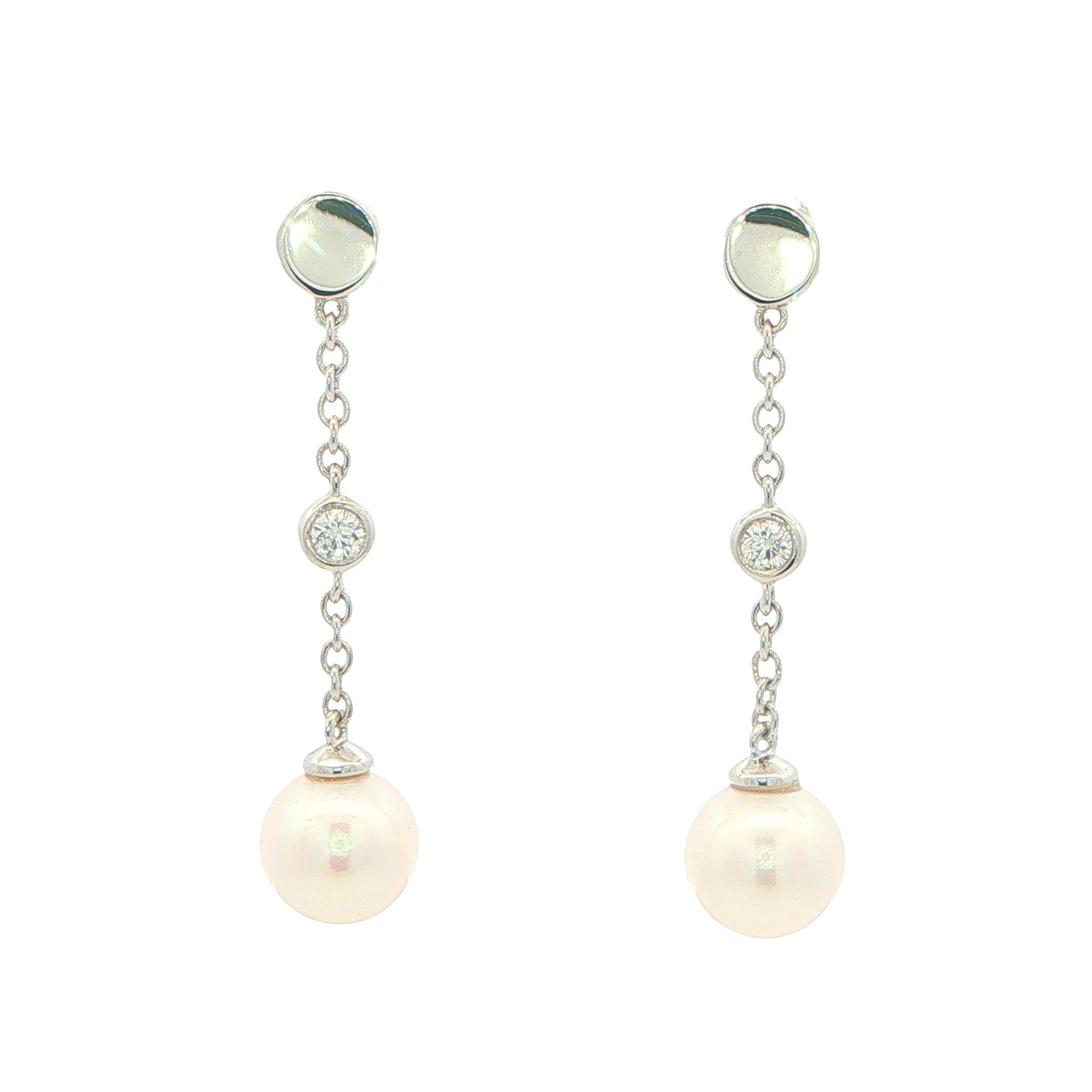 White Gold 'Yard of Diamond and Akoya Pearl' Drop Style Earrings Gardiner Brothers