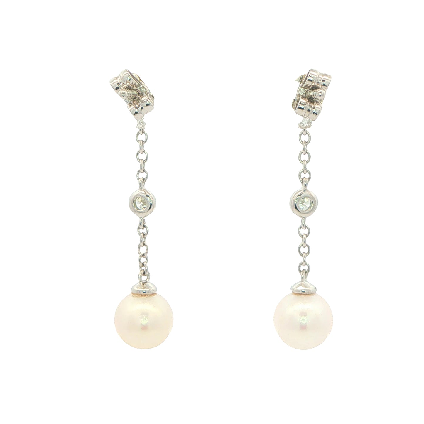 White Gold 'Yard of Diamond and Akoya Pearl' Drop Style Earrings Gardiner Brothers