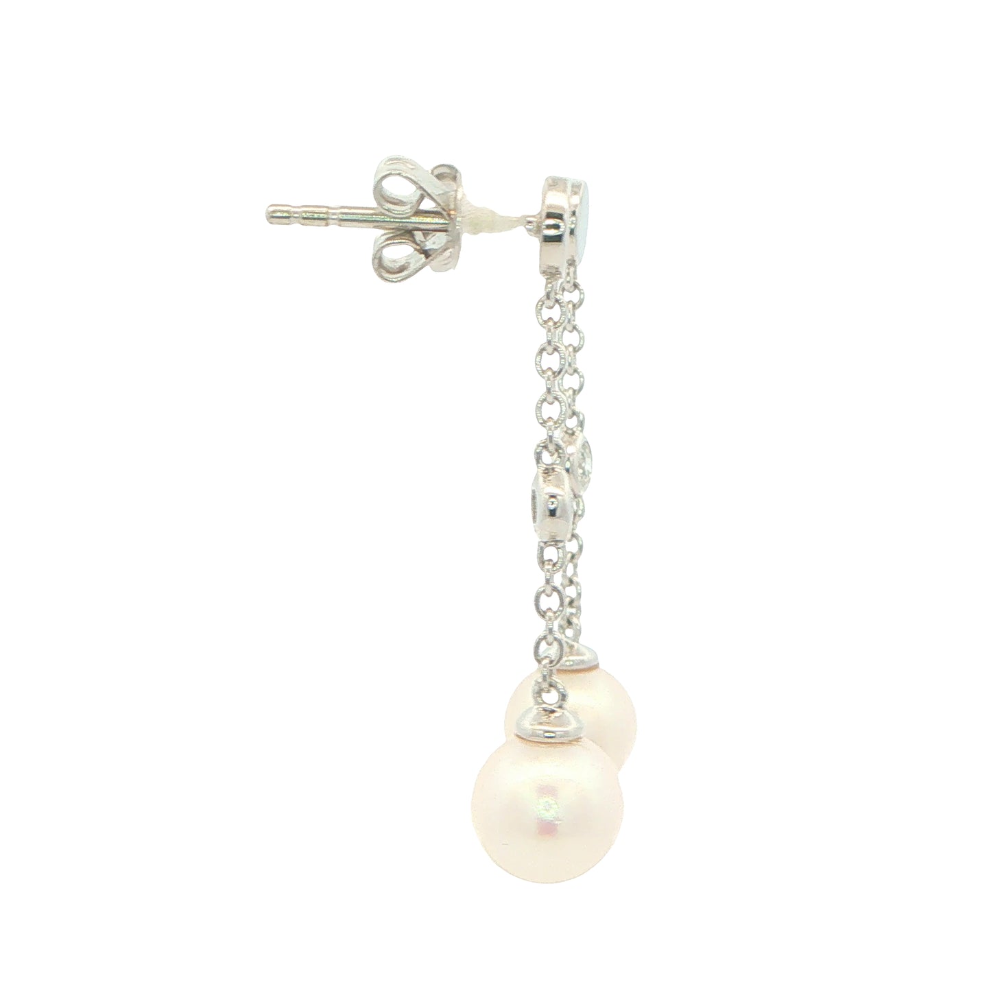 White Gold 'Yard of Diamond and Akoya Pearl' Drop Style Earrings Gardiner Brothers
