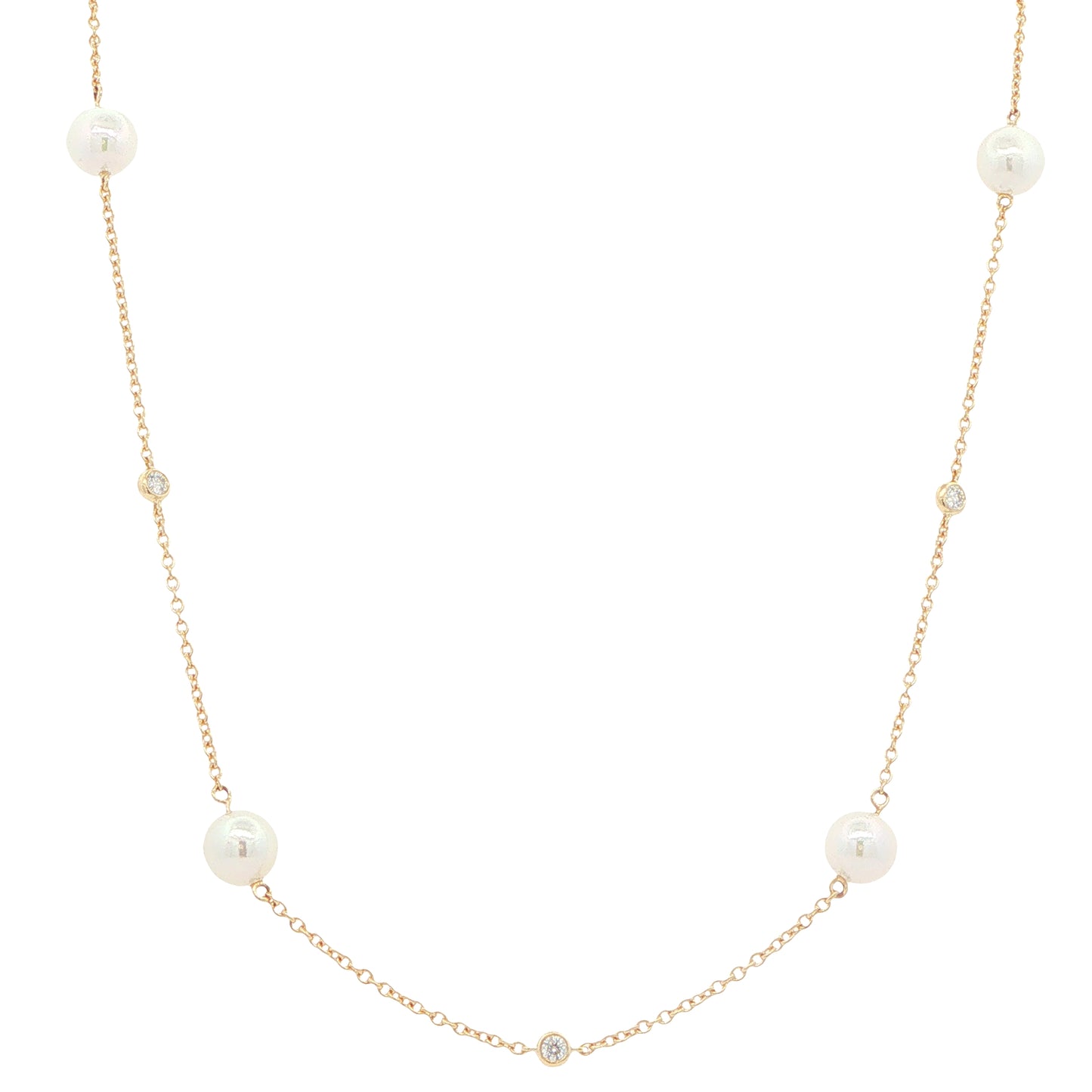 Yellow Gold 'Yard of Diamond and Akoya Pearl' Style Necklet