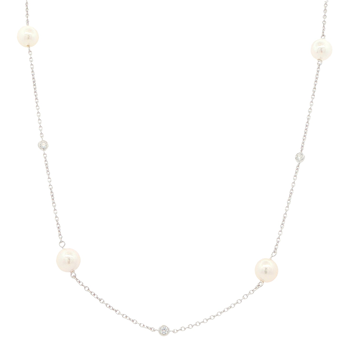 White Gold 'Yard of Diamond and Akoya Pearl' Style Necklet
