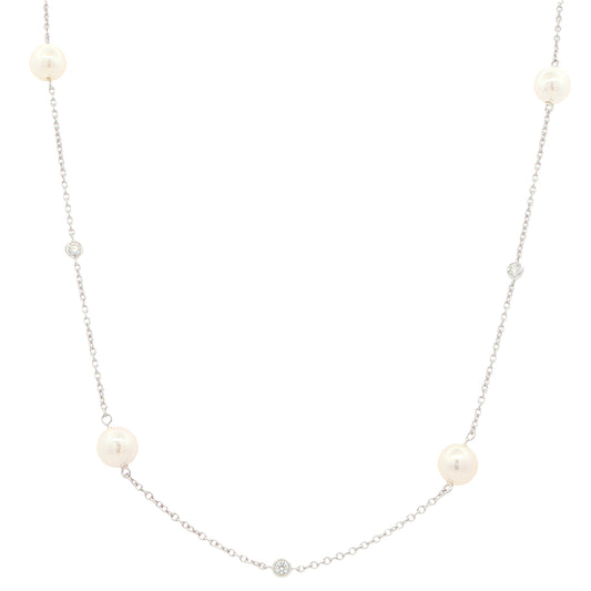 White Gold 'Yard of Diamond and Akoya Pearl' Style Necklet Gardiner Brothers