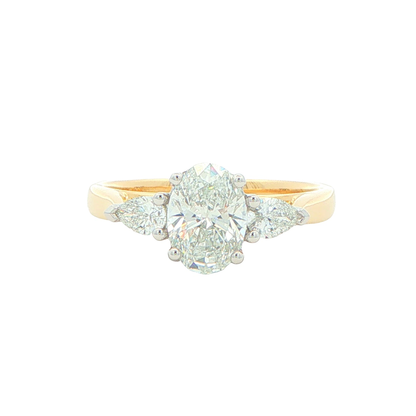 Yellow Gold Oval and Pear Shaped Diamond 3 Stone Ring - 1.30cts Gardiner Brothers
