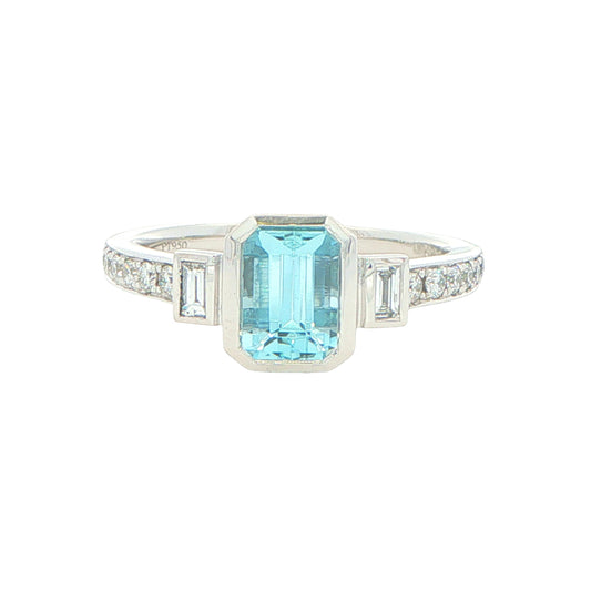 Aquamarine and Diamond 3 Stone Ring with Diamond Set shoulders.