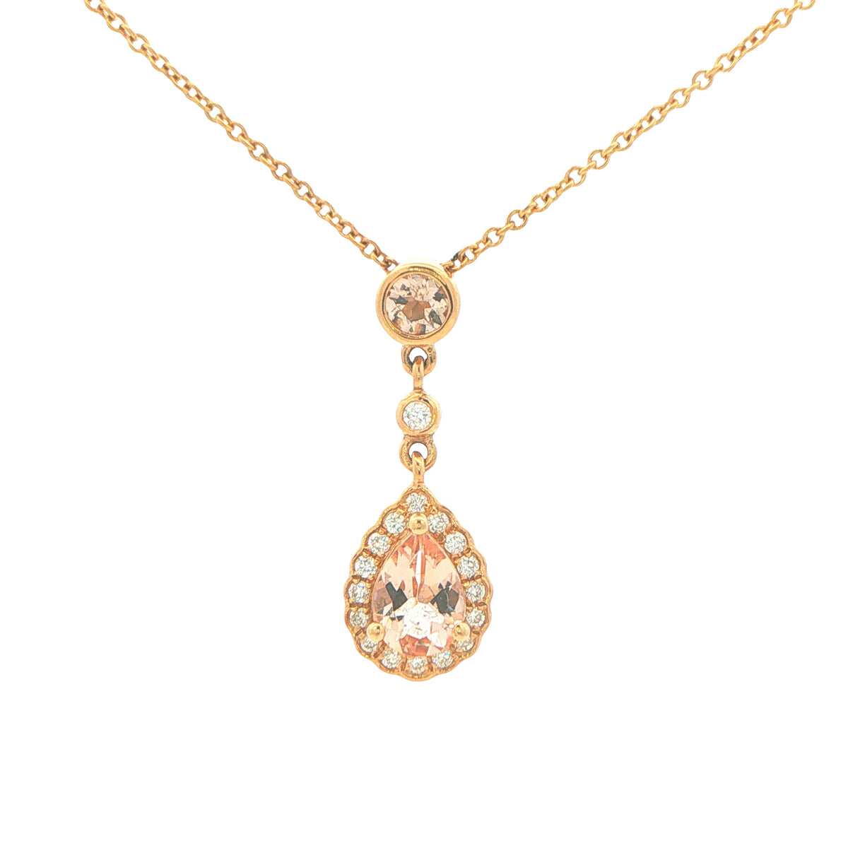 Pear Shaped Morganite and Diamond Halo Style Drop Pendant Gardiner Brothers
