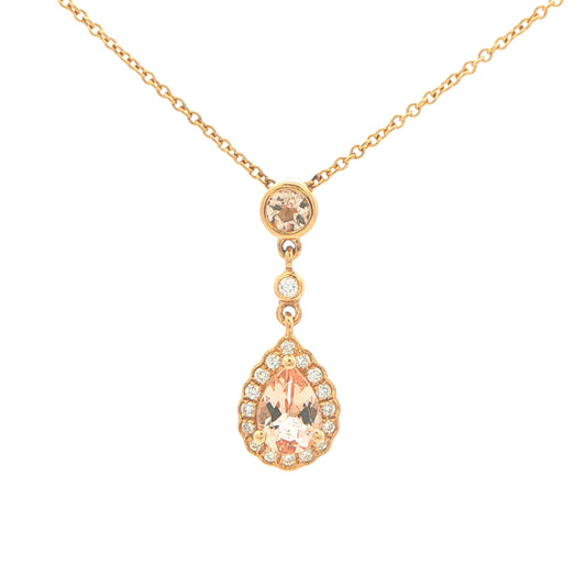 Pear Shaped Morganite and Diamond Halo Style Drop Pendant Gardiner Brothers