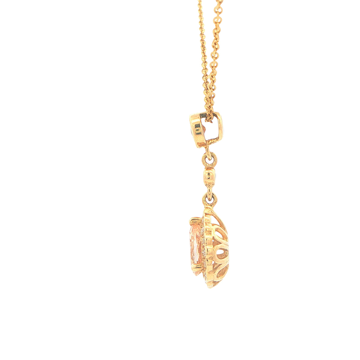 Pear Shaped Morganite and Diamond Halo Style Drop Pendant Gardiner Brothers