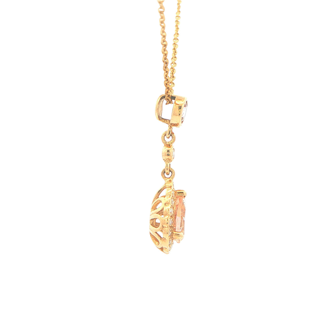 Pear Shaped Morganite and Diamond Halo Style Drop Pendant Gardiner Brothers