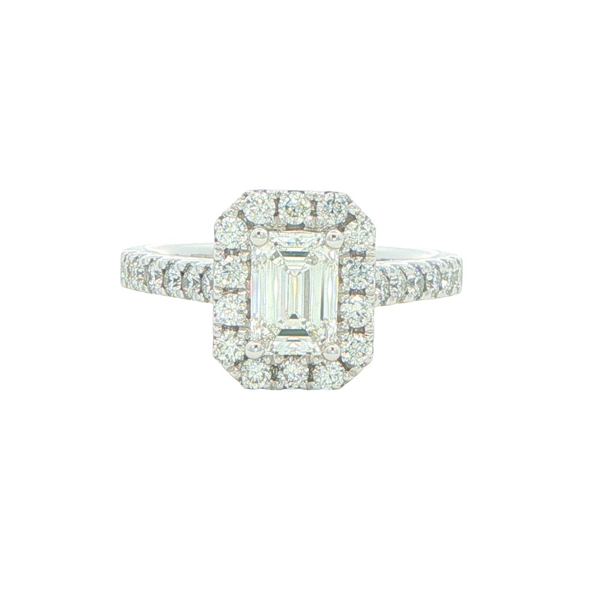 Platinum Emerald cut diamond halo cluster style ring - 1.16cts Gardiner Brothers