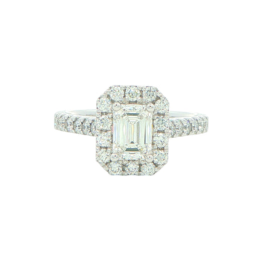 Platinum Emerald cut diamond halo cluster style ring - 1.16cts Gardiner Brothers