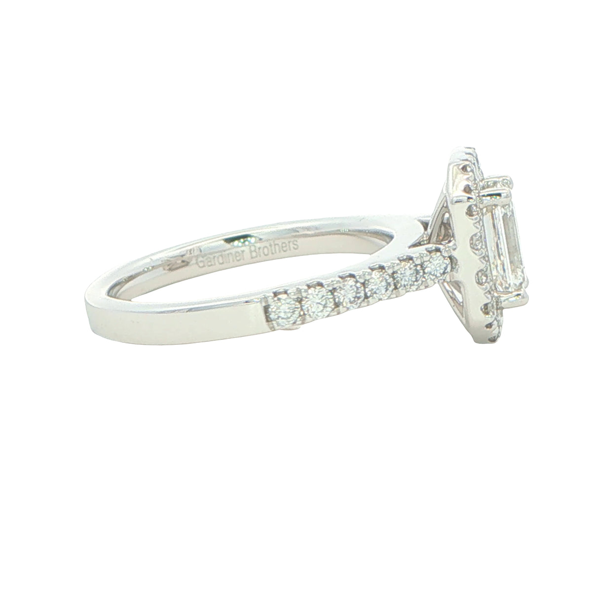 Platinum Emerald cut diamond halo cluster style ring - 1.16cts Gardiner Brothers