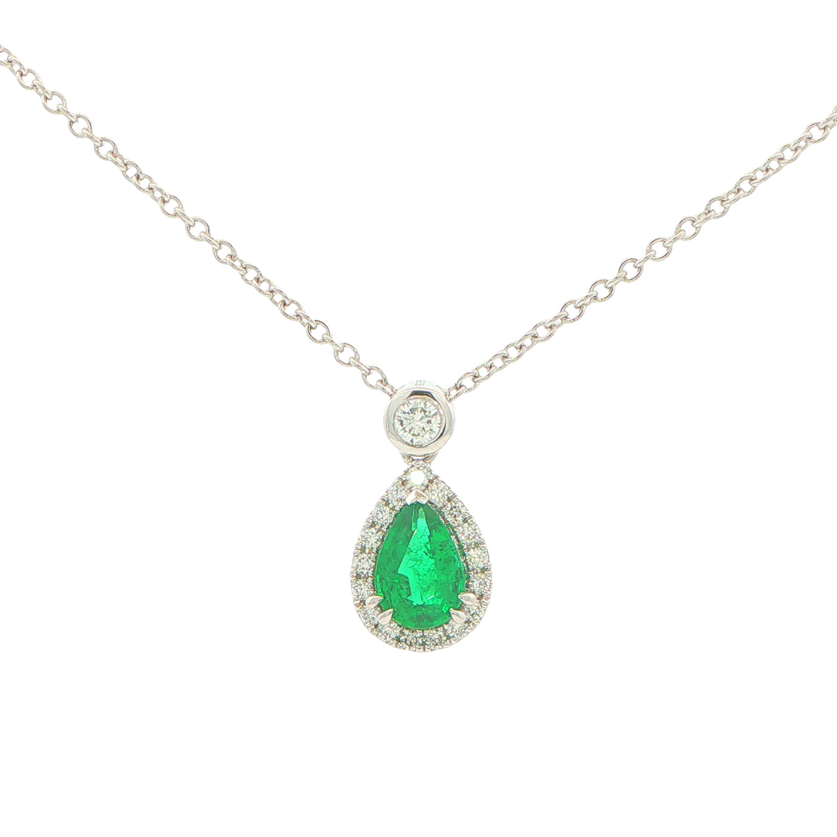 Pear Shaped Emerald and Diamond Halo Style Drop Pendant