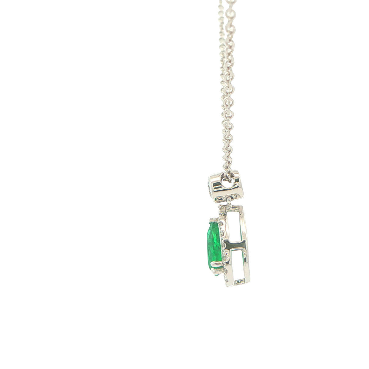 Pear Shaped Emerald and Diamond Halo Style Drop Pendant