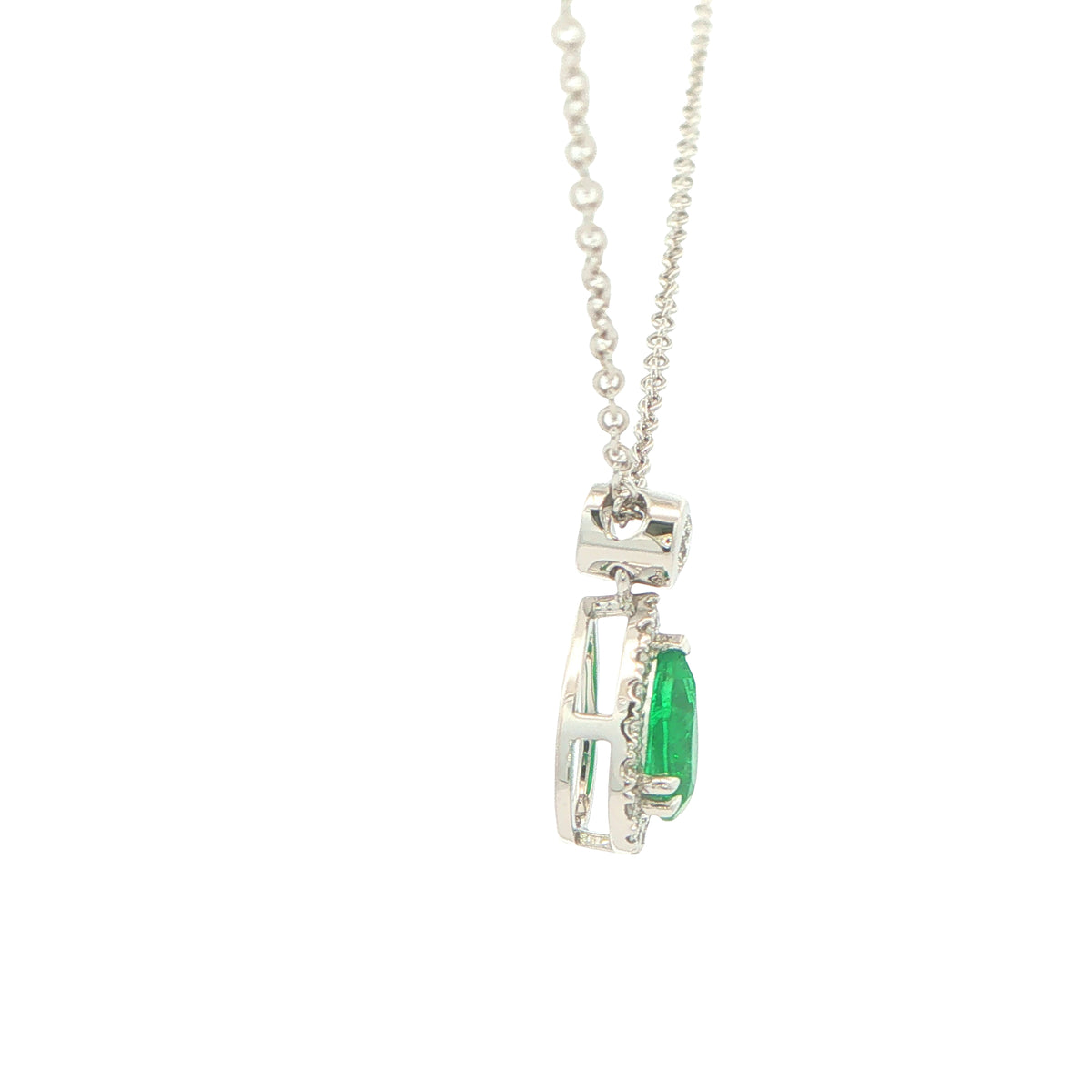 Pear Shaped Emerald and Diamond Halo Style Drop Pendant