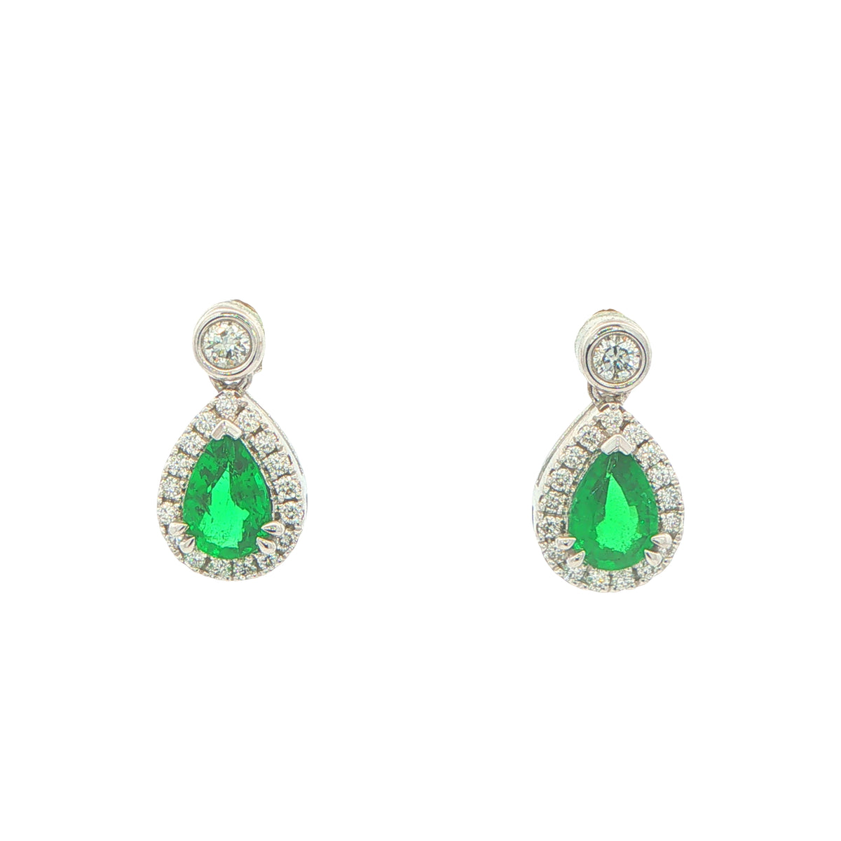 Pear Shaped Emerald and Diamond Halo Style Drop Earrings
