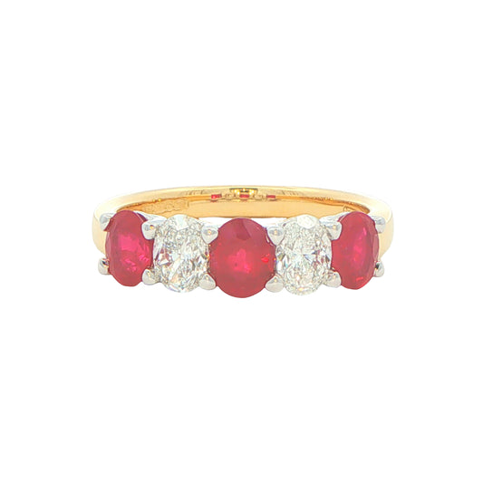 Ruby and diamond oval shaped 5 stone ring