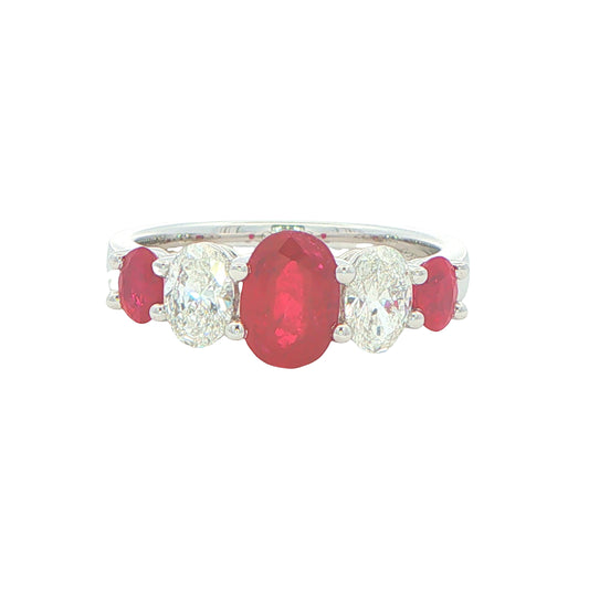 Ruby and diamond oval shaped Graduated 5 stone ring