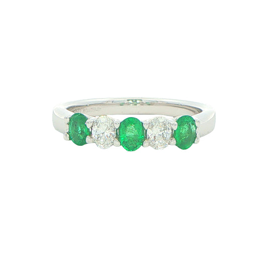 Emerald and diamond oval shaped 5 stone ring
