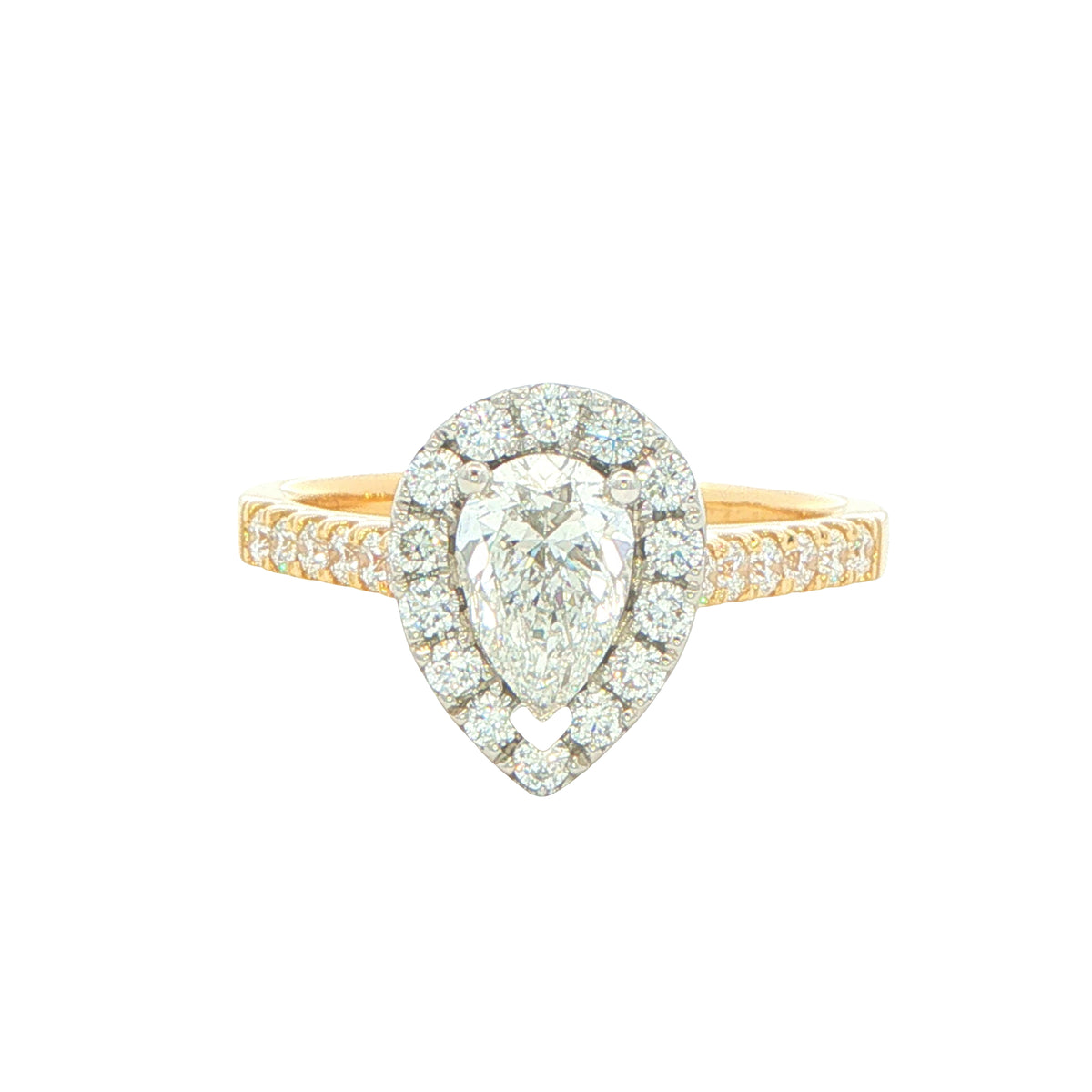 Yellow Gold Pear Shape Diamond Halo Cluster Style Ring - 1.19cts
